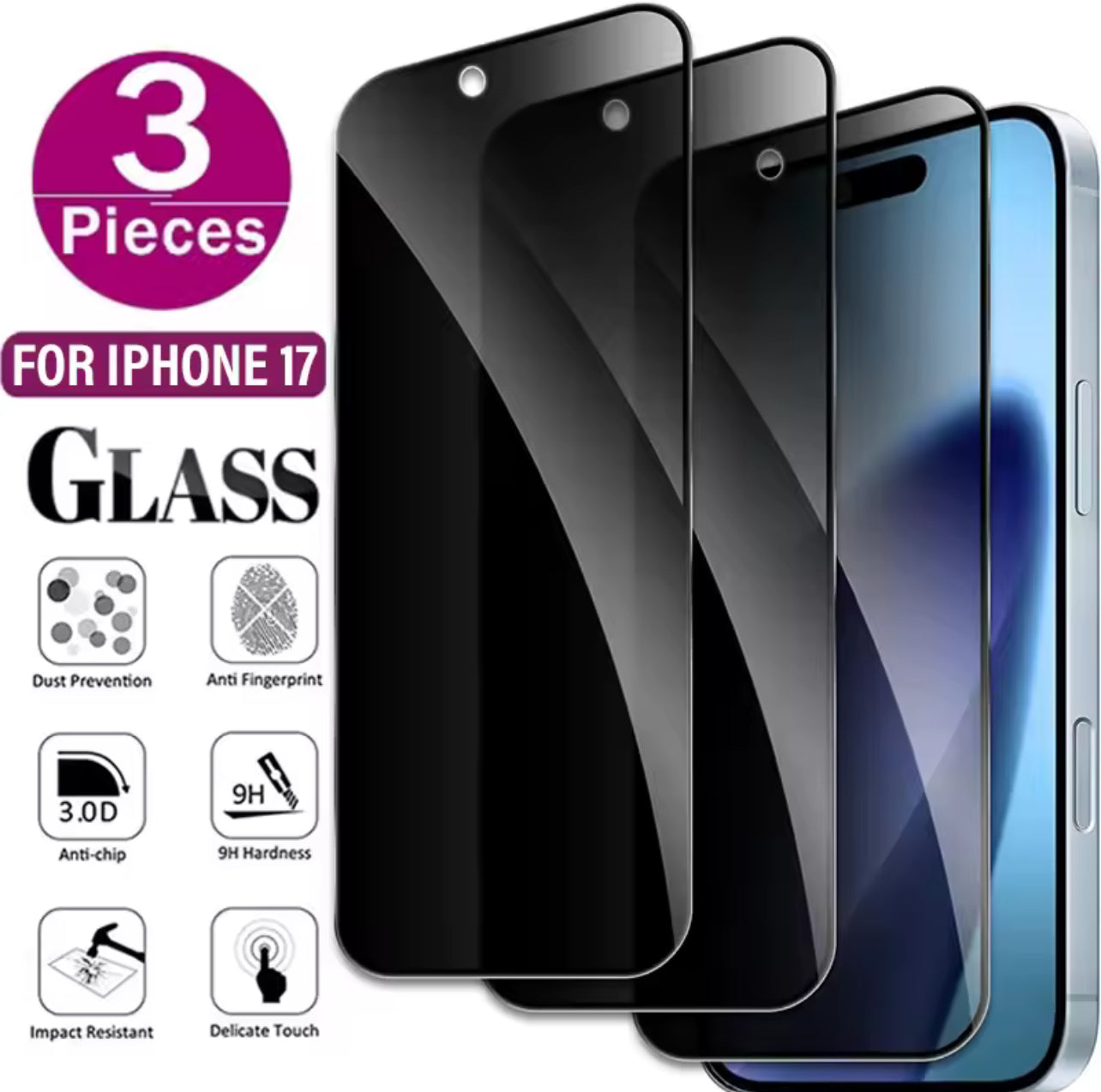 PJun Branded Full Coverage 9H ShatterProof Privacy Glass Screen Protector 3PCS- for Apple iPhone 17 Series 2025