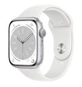 (Newly Sealed) Apple Watch Series 8 45mm (GPS/5G) Silver with M/L White Sport Watch Band (Model A2771)