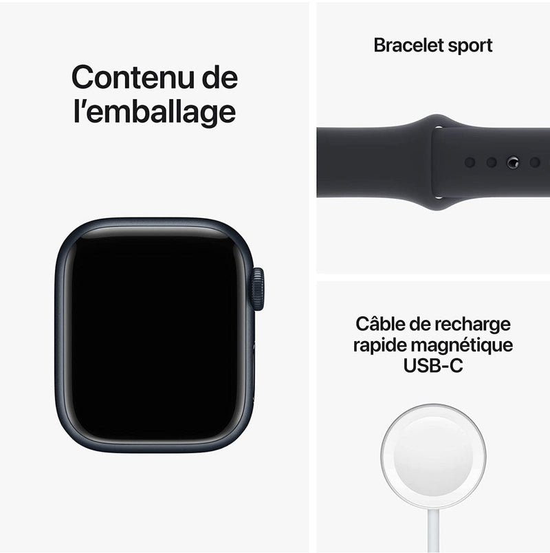 (Nouvellement scellé) Apple Watch Series 7 (GPS) 41 mm ou 45 mm New Midnight Black avec bracelet de montre sport (modèle A2474)